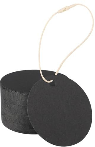 EUSOAR Etiketten Anhänger, 200 Stück Schwarz Geschenkanhänger Rund 6cm | 300GSM Blanko Kraftpapier Anhänger, Etiketten zum Beschriften, Gift Tags Lables mit Beige Baumwollkordel
