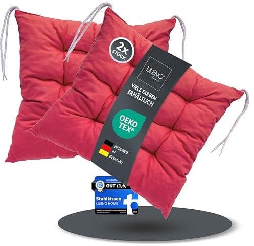 LILENO HOME 2er Set Wende Stuhlkissen Rot (40x40x6 cm) - Streifen Sitzkissen für Gartenstuhl, Küche oder Esszimmerstuhl - Indoor u. Outdoor Stuhlauflage als Stuhl Kissen (Linda FUM)