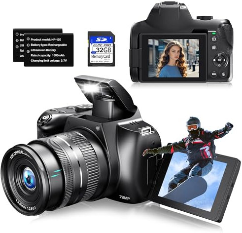 Fotocamere per fotografia, zoom ottico 12X 4K fotocamera digitale con WiFi e controllo app, fotocamera Vlogging da 72 MP con schermo flip a 180°, messa a fuoco automatica, doppia batteria, obiettivo