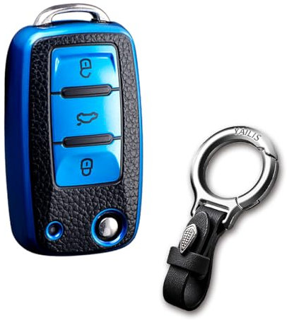 RXXR Coque de clé de voiture pour VW Polo Passat Skoda Seat Bleu avec porte-clés Compatible avec Volkswagen Tiguan Golf 4 5 6 Beetle Jetta Touran Eos Scirocco 3 boutons