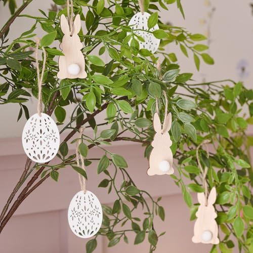 Lights4fun 6er Set Holz Deko zum Aufhängen Osterdeko zum Aufhängen Anhänger Osterstrauß Deko Ostern Ostergesteck Deko Holz