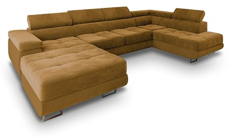 Masseno Ecksofa CASONE R-S mit Schlaffunktion U-Form, Sofa mit Bettkasten, Wohnzimmersofa, Couch, Soffa, Bettsofa, Couchgarnitur- Gelb, Monolith 48