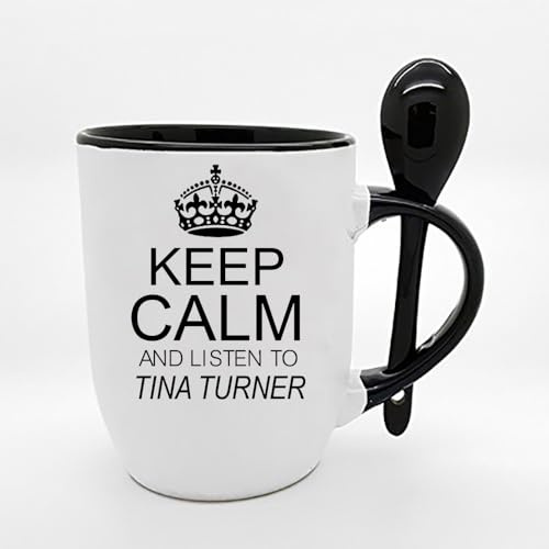 Giftme Keep Calm and Listen to Tina Turner, Spoon Mug, Coffee, Tea Mug. (Black)