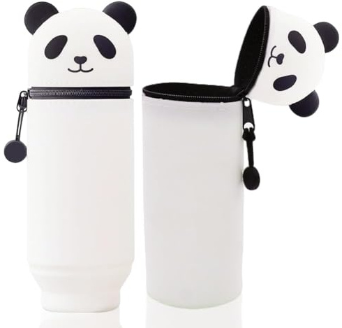 GIUSOBG Kawaii Étui École 2 en 1 en Silicone Souple, Trousse Panda Extensible en Forme de Animal, Trousse Silicone Verticale, Cartoon Crayons avec Fermeture éclair (Ferme Les Yeux)