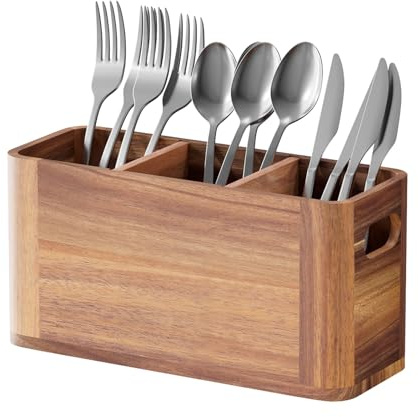 Yaoyiizy Silverware Holder, Acacia Wood Utensil Holder for Party, Silverware Organizer Countertop, Picnic Caddy for Party, Countertop, Camping