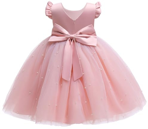 JiAmy Blumenmädchenkleider Kinder Ärmellos V-Ausschnitt Bowknot Hochzeit Brautjungfer Partykleid Festliches Prinzessin Tüll Kleider für Mädchen 4 Jahre Rosa