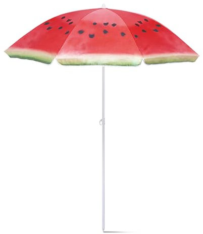 TIENDA EURASIA – Sombrilla Playa | Diseño de Sandía | 150 cm de Diámetro | Nylon | 8 Paneles Resistentes y Faldones Laterales | Tubos Metalizados en Color Blanco y Ajustable en Altura
