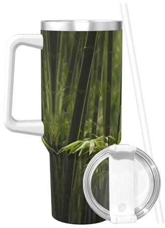 POEZJZW Moso Bamboo Becher mit Griff und Strohhalm, doppelwandig, vakuumisoliert, 1,2 l