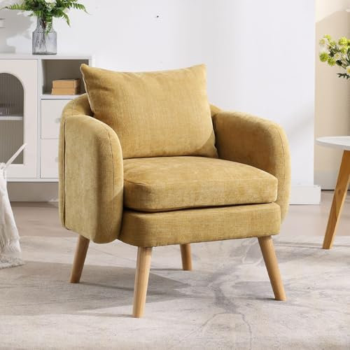 chairus Fauteuil Salon Confortable avec Double Coussin, Chaise de Salon en Chenille, Fauteuil Crapaud avec Pieds en Bois pour Chambre, Salle de Séjour, Jaune