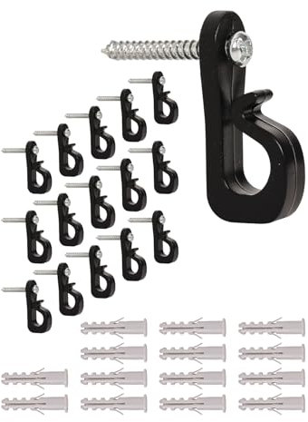 BSTOT 30 Pcs Q-Hanger Screw in Hooks for Outdoor String Lights, Fence Hooks for Wood Light Wire Led Light Clips with Safety Buckle, Patio Wall Hook Hanging Light (Black)