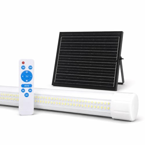 Groupe DDC Reglette LED Solaire Extérieur 4000K – Éclairage Garage, Terrasse, Abri – 3 Tailles, Télécommande, Autonome Jusqu’à 12h, IP54 Étanche, Sans Fil (105 CM)
