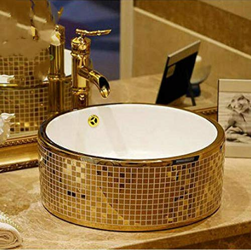 Lavandino da bagno, lavabo da appoggio in oro, lavabo rotondo in ceramica artistica con troppopieno