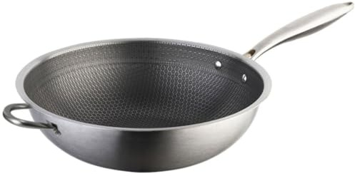 LIFKOME Wok Nonstick Frying Pan with Double Handles Honeycomb Stainless Steel Rapid Heat Conduction Kitchen Utensil Suitable for Stir-Fry Cooking