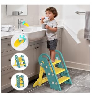 Onasti Tritthocker Kinder, Höhenverstellbar 3 Stufen Hocker Kinder, Trittschemel für Baby mit Handhaben, Klappbar, Anti-Kipp und Anti-Rutsch, für Küche, Badezimmer, Waschbecken und Toilette (Grün)