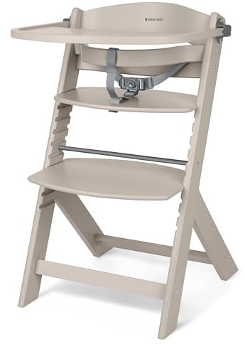 KikkaBoo NORDY Holz-Hochstuhl für Babys, Verstellbarer Kinderstuhl bis 35 kg, Buchenholz, Abnehmbares Tablett, Verstellbare Sitz- & Fußstütze, Sicherheitsbügel, 3-Punkt-Gurt, Ergonomisches, Hellbeige