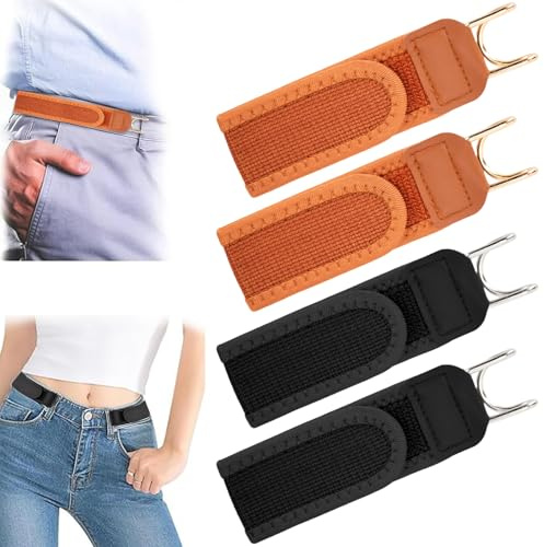 4 Piezas Cinturon Sin Hebilla para Mujer Hombre, Cinturon Elastico Mujer Hombre con Gancho de Metal y Velcro, Cinturón Multifuncional Práctico para Deportes Senderismo Viajes Conducción Vida Cotidiana