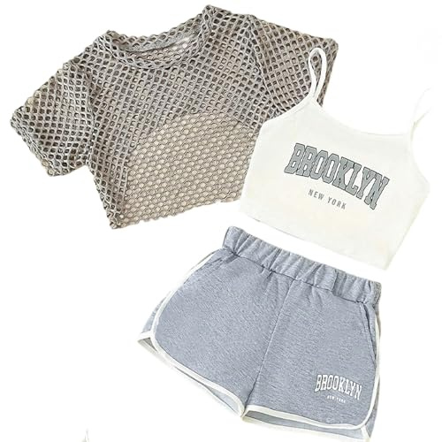 JokeLomple Completo Estivo da Bambina, 3 Pezzi, con Stampa di Lettere, Top Senza Maniche, Maglietta a Maniche Corte e Pantaloncini, Completo Casual per Bambini Piccoli. (Grey, 9-10 Years) #20