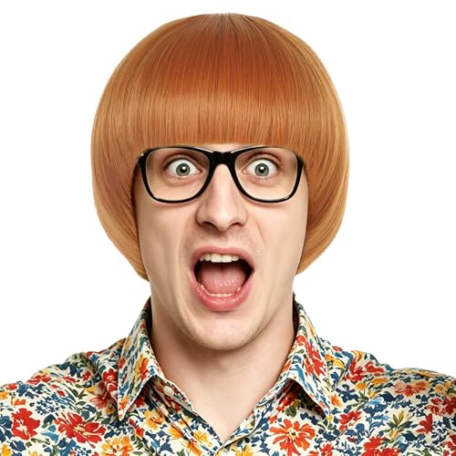 VGbeaty Men Short Straight Ginger Wig 60s 70s retro Bowl Cut Wig | Heat Resistant Synthetic Fiber Soft Durable Adjustable Size Breathable Cap for Halloween Costume Fancy Party