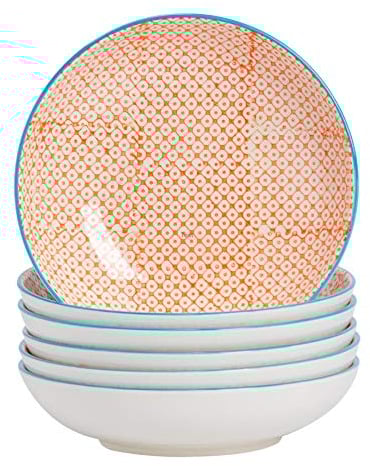 Nicola Spring 6 Piece Hand-Printed Pasta Bowl Set - Japanese Style Porcelain Serving Bowls - Orange - 22cm