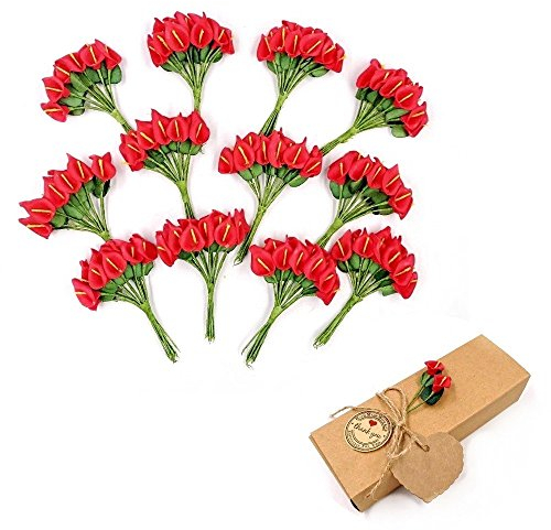 JZK 144x Mousse Rouge Calla lis Petites Fleurs artificielles pour Artisanale Boite Cadeau décoration pour Mariage Anniversaire fête Lys Calla Artificiel Rouge Décoration de boîte faveurs Mariage