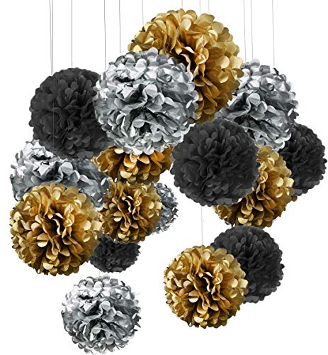 15er Set Pompoms Deko Bunt Seidenpapier Pompons für Hochzeit, Geburtstag, Party Gold Schwarz Silber