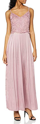 Little Mistress Blush Embroidered Satin Maxi Dress with Pleats Robe, Rose (001), 36 Femme
