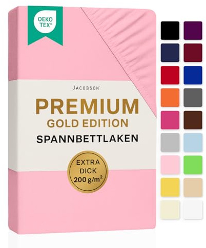 Jacobson Premium Spannbettlaken 200 g/m² Jersey Baumwolle mit Elasthan (90x200-100x200 cm, Rosa)