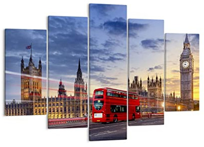 Mehrteilige Bilder auf Leinwand 150x100cm Leinwandbild London Bus Groß XXL Wanddeko Bild Schlafzimmer Set 5 teilige Wandbilder Dekoration Wohnzimmer Decor Canvas Wand Kunstdruck Art EA150x100-3592