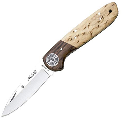 MIGUEL NIETO Navaja Coyote 047 de 18 cm, con Hoja de Acero NA-58 de 7,5 cm. Mango de Virola de Palo Violeta y cachas de Abedul Rizado, Sistema de Cierre de Piston