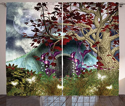 ABAKUHAUS Phantasie Rustikaler Vorhang, Abstrakt Goth Baum und Höhle, Wohnzimmer Universalband Gardinen mit Schlaufen und Haken, 280 x 175 cm, Bordeauxrot Grün