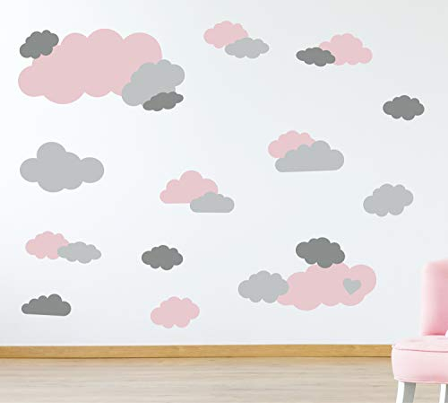 timalo® 35 Stück Wandtattoo Kinderzimmer XL Große Wolken Himmel Pastell Wandsticker – Aufkleber Wolkenset | 73091-SET1-35 | altrosa hellgrau grau