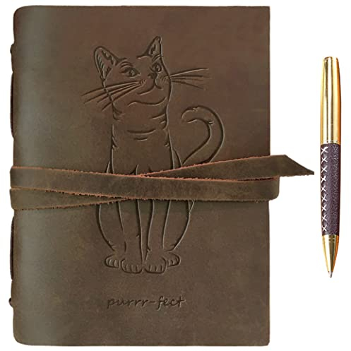 Leder Notizbuch A5 Tagebuch Journal Geprägt Katz Handgefertigte Reisetagebuch, Vintage Notebook Für Männer Frauen Antik Rustikal Echtes Leder 21X15Cm Geschenk Sketchbook Reisende Travelers Notebook