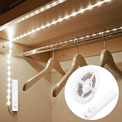 OriFiil Motion Sensor Wardrobe Light, 1M LED Strip Lights Night Light, 6000K Cold White, Auto on/Off, Battery Powered for Closet, Cabinet, Kitchen, Stairs, Pantry, Under Bed Indoor Lighting