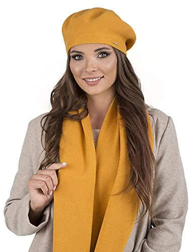 VIVISENCE Damen Baskenmütze Eleganter Wintermütze Und Schal Set Warm Kopfbedeckung Und Halsbedeckung An Winter Und Herbst Warm Dick, Winterset Für Frauen, Hergestellt In EU, Honig