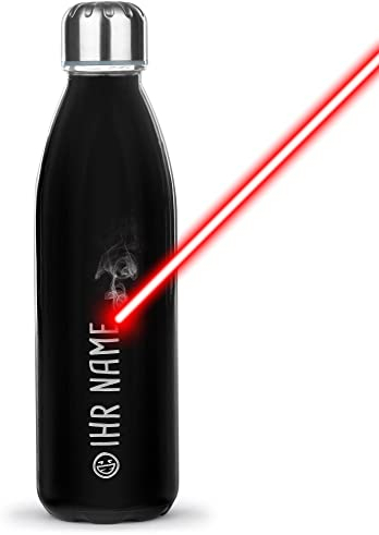 Trinkflasche mit Gravur selbst gestalten - mit Name & Smiley Symbol gravieren - Glasflasche, Wasserflasche BPA-frei, Camping, Schule, Sport I Personalisiertes Geschenk, Lasergravur, 650 ml, schwarz