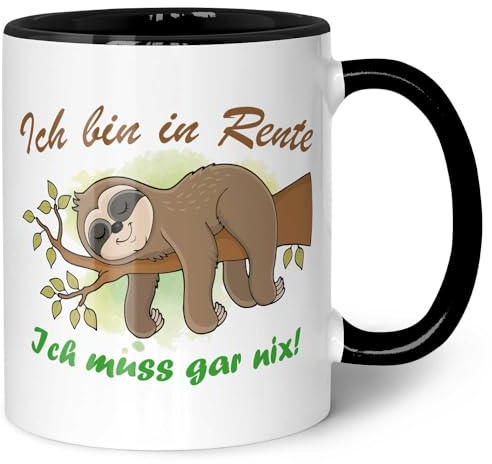 GRAVURZEILE Bedruckte Tasse mit Motiv - Faultier in Rente - Geschenkidee zum Rentenbeginn für Oma & Opa - Geschenke für Rentner - Abschiedsgeschenk für Kollegen im Ruhestand - Farbe: Schwarz & Weiß