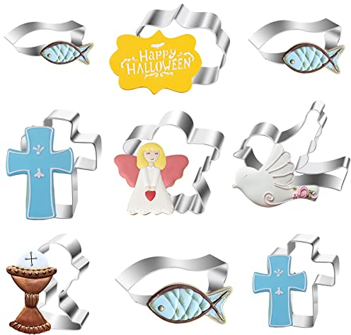 9 Piezas Cortadores de galletas, Moldes Galletas Molde en Forma de ángel, Pez, Cruz y Paloma, Cortadores de galletas de acero inoxidable Navidad religiosa, decoración para hornear de pastelería