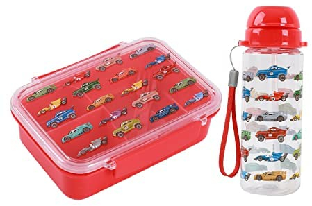 I-Drink – Bundle Lunch box + Borraccia Tritan 400ml, per Bambini, Porta Merenda, Picnic, Scuola, Senza BPA, con Disegni di Infanzia (Macchine)