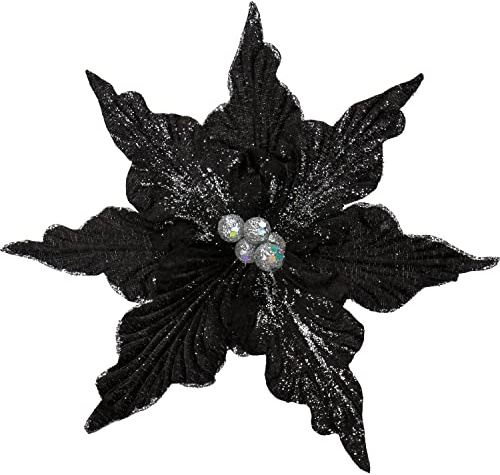 Hollyone 8 Pcs Large Christmas Flowers Decorations Glitter Poinsettia, 9'' Black Fake Xmas Flowers, Artificial Flower Ornaments for Christmas Tree, New Year, Wedding, Party, Home Decor