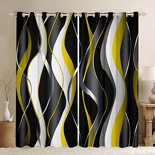 Yellow Grey Black Curtains Geometric Spiral Pattern Window Drapes for Boys Girls Modern Luxury 30%-50% Blackout Curtain Abstract Art Window Treatments W52*L63