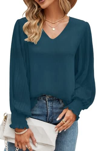 Odosalii Oversized Shirts for Women Elegant Lantern Long Sleeve Baggy Pleated Puff Sleeves Jumper Casual V-Neck Solid Color Blouse Going Out Tops UK Deep Teal
