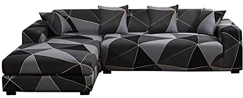 ShowyLive Ecksofabezug für 3-Sitzer + 4-Sitzer, L-Form, elastisch, baumelnd, Sofabezug für Ecksofa, Meridian-Abdeckung, schwarze Fliesen