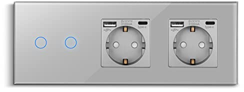 CNBINGO Interruptor de luz táctil con doble enchufe con puertos USB (tipo C y tipo A 3,1 amp total) – Enchufe USB Schuko empotrado – Interruptor de pared de cristal simple en Gris – 2 vía
