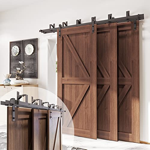 Homacer Black Rustic Triple Track Bypass Sliding Barn Door Hardware Kit (for Door Thickness 1-3/8in ~ 1-3/4in), Three 9ft Long Flat Tracks, for Three Interior Doors (Doors not Included)