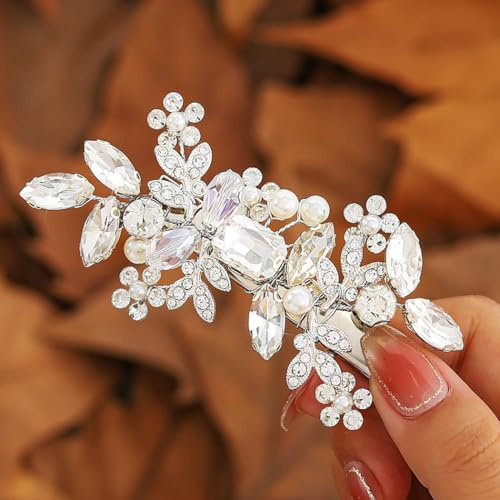 Jeairts Rhinestone Flower Hair Clips Silver Leaf Wedding Hair Pieces Glitter Crystal Headpiece Hair Barrette Pearl Bridal Hair Accessories for Women and Girls