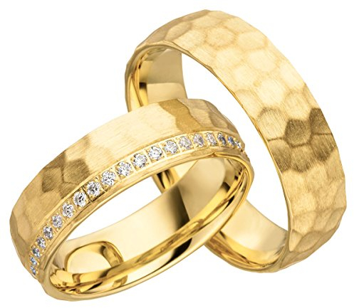 JC Trauringe 925er Sterling Silber Paarpreis I Eheringe mit kostenloser Gravur I Verlobungsringe Gold Plattiert 6 mm breit im Etui I Herren-Ring ohne & Damen-Ring mit Steinen I Gr. 48 bis 72 I JC017