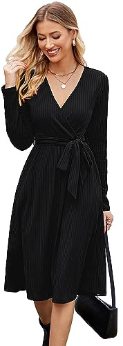 Newshows Jumper Dress for Women Long Sleeve Knitted Midi Dress | V Neck Party Dress with Pockets, Elegant Sweater Dress