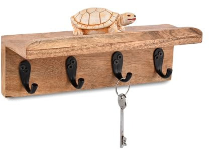Indus Lifespace Étagère murale rustique en bois d'acacia avec 4 crochets, Accroche Clé pour entrée, ferme, cuisine (25,4 x 8,89 x 8,89 cm)
