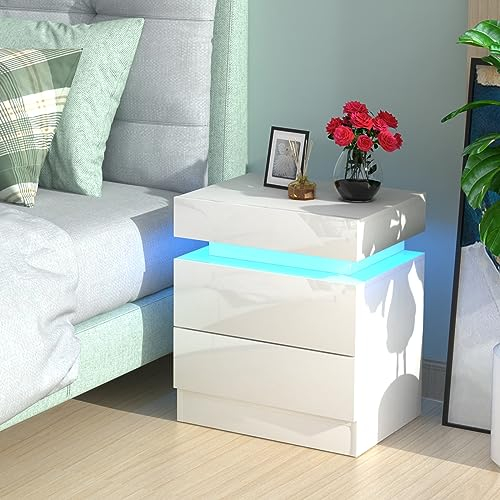 Lvhcmfohm Nachttisch Weiß mit Led Licht, Nachtschrank, Nachtkommode mit 2 Schubladen und Schränke mit Klappdeckel für Wohnzimmer, Schlafzimmer (45x35x52cm)