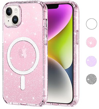 Yoedge Transparente Funda Glitter Magnética para iPhone 15 6,1, Compatible con MagSafe Brillante Rosa Carcasa Antigolpes con Círculo Magnético Incorporado, TPU +PC Cover Case pour iPhone 15